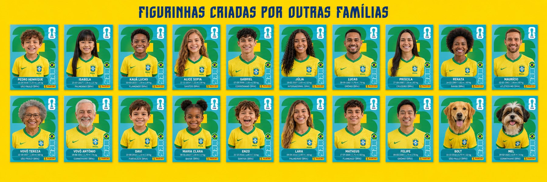 Grade com várias figurinhas personalizadas de crianças, adultos, idosos e pets